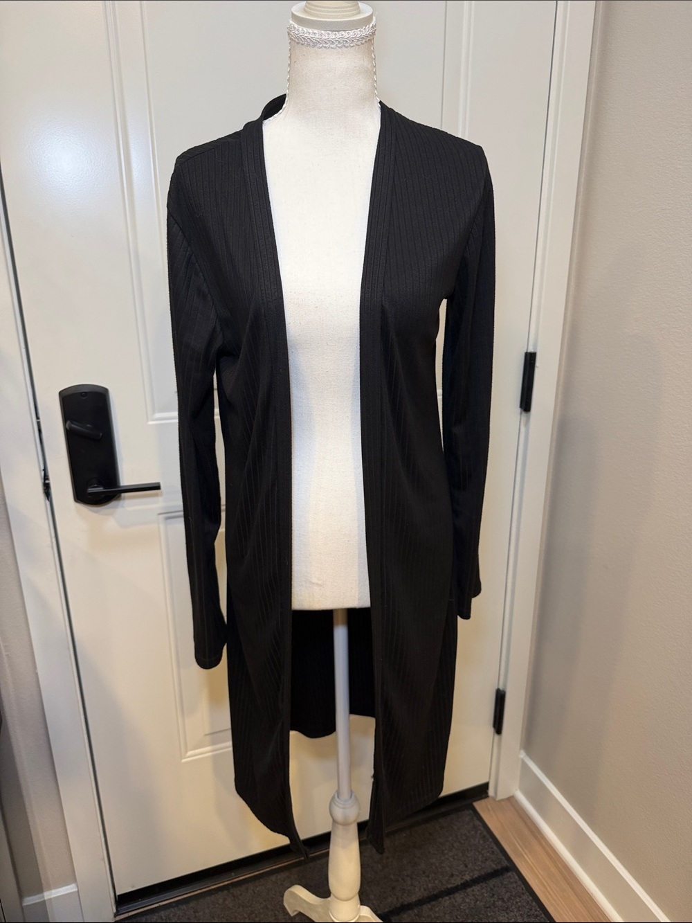 Black Long Open-Front Ribbed Cardigan for Women